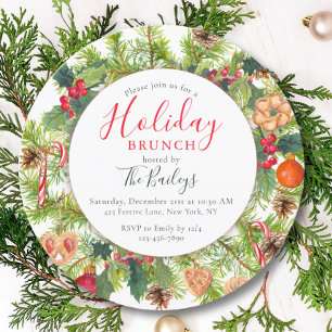 Personalized Christmas Brunch Watercolor Wreath Invitation