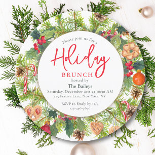 Personalized Christmas Brunch Watercolor Wreath Invitation