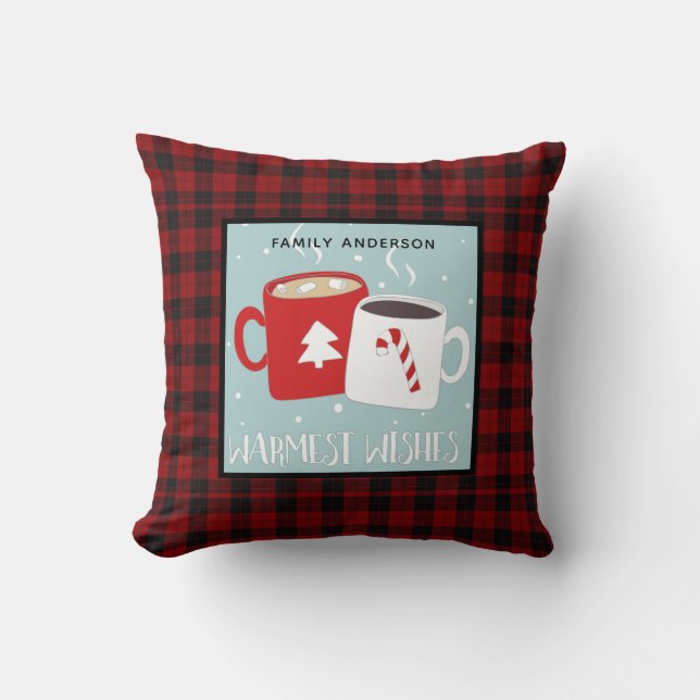Personalized Christmas Buffalo Plaid Hot Chocolate Throw Pillow (Front)