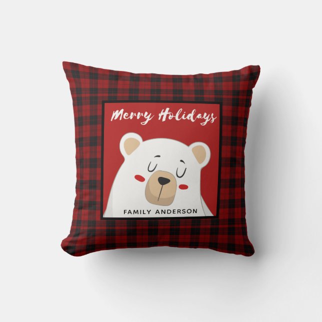 Personalized Christmas Buffalo Plaid Polar Bear Throw Pillow (Front)