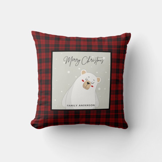 Personalized Christmas Buffalo Plaid Polar Bear Throw Pillow (Front)