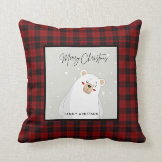 Personalized Christmas Buffalo Plaid Polar Bear Throw Pillow