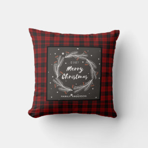 Personalized Christmas Buffalo Plaid Wreath Throw Pillow
