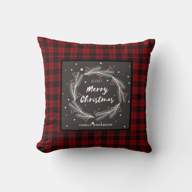 Personalized Christmas Buffalo Plaid Wreath Throw Pillow (Front)