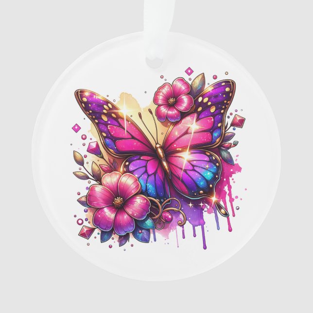 Personalized Christmas Butterfly and Flowers Ornament (Front)