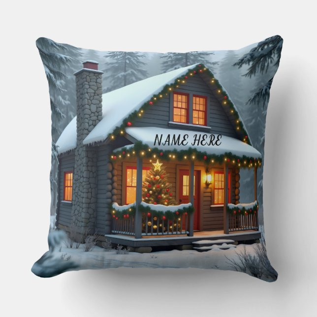 Personalized Christmas Cabin 2 Throw Pillow (Front)