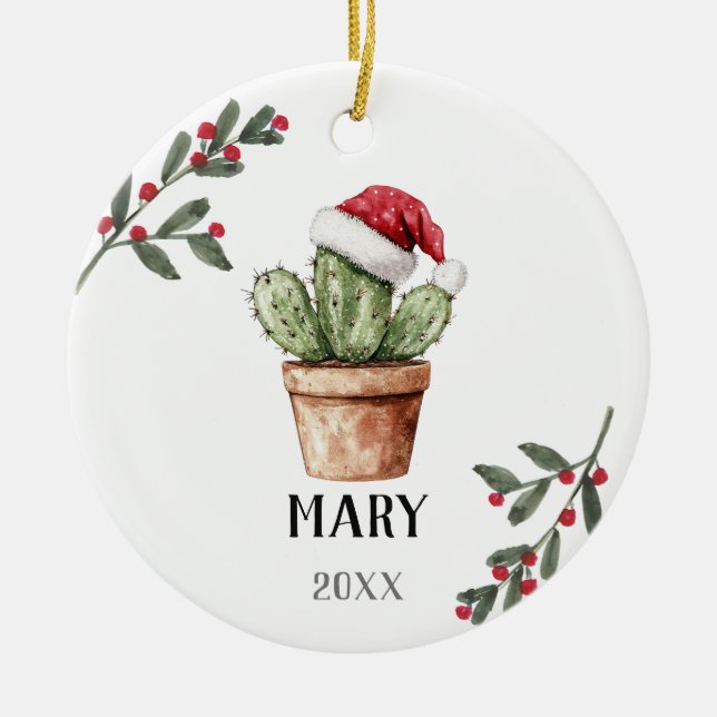 Personalized Christmas Cactus Keepsake Gift Ceramic Ornament (Front)