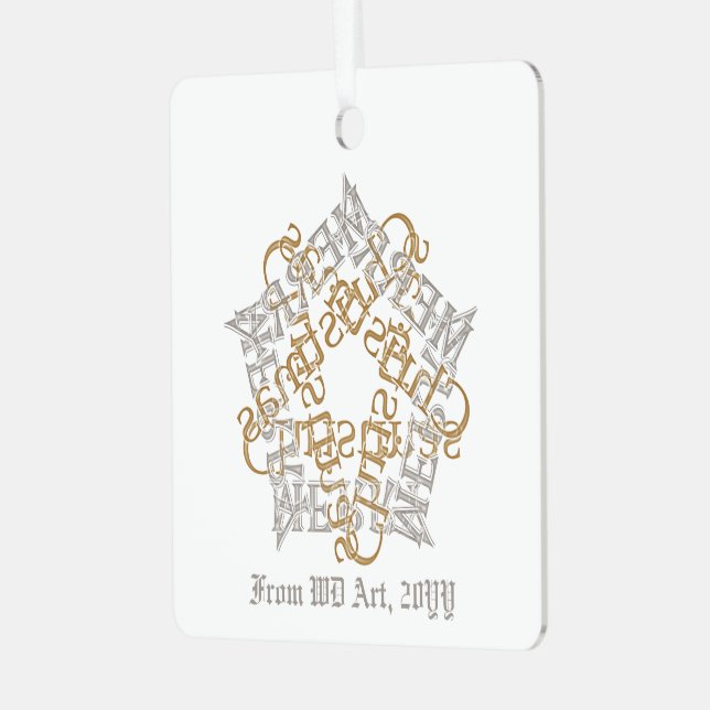 Personalized Christmas Calligraphy Art Gold Silver Metal Ornament (Front Left)