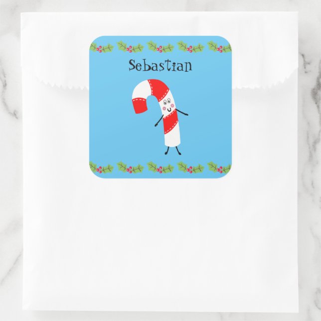 Personalized Christmas Candy Cane Square Sticker (Bag)