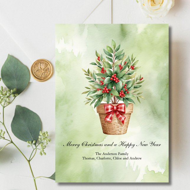 Personalized Christmas Card Tree Red Berries (Christmas Holiday Personalized Card with Laurel and Red Berries in a Wicker Basket Digital Download)