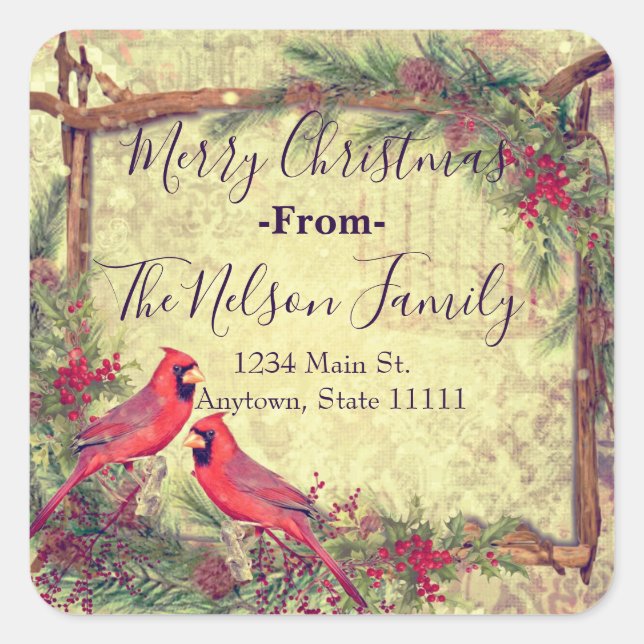 Personalized Christmas cardinals Square Sticker (Front)