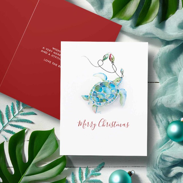 Personalized Christmas Cards No Photo Sea Turtle (Beach Christmas cards watercolor sea turtle and holiday lights art by Victoria Grigaliunas. )