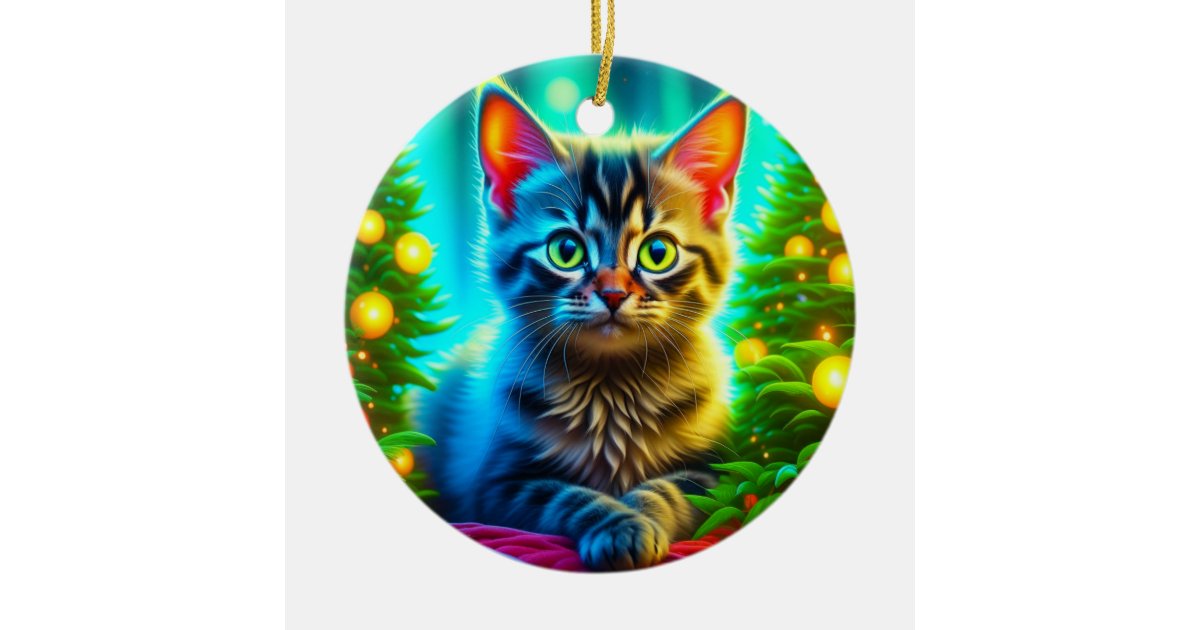 Personalized Christmas Cat and Christmas Trees Ceramic Ornament | Zazzle