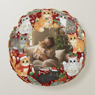 Personalized Christmas Cat Photo and Name Round Pillow