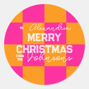 Personalized Christmas Check Hot Pink Orange Classic Round Sticker
