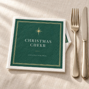 Personalized Christmas Cheer Emerald Green & Gold Napkins