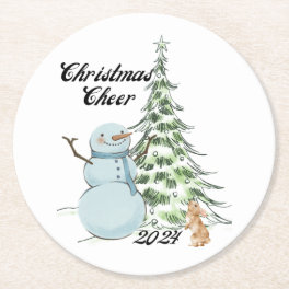 Personalized Christmas Cheer Snowman Round Paper Coaster