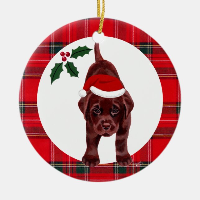 Personalized Christmas Chocolate Lab Puppy Ceramic Ornament (Front)