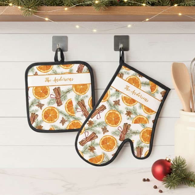 Personalized Christmas Citrus Spice Oven Mitt & Pot Holder Set (Creator Uploaded)