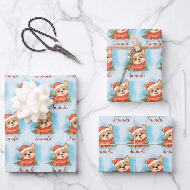Personalized Christmas Corgi  Wrapping Paper Sheets (Front)