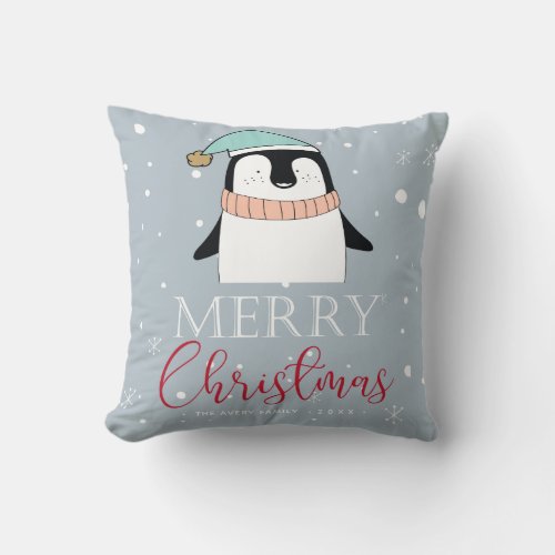 Personalized Christmas Cute penguin Throw Pillow