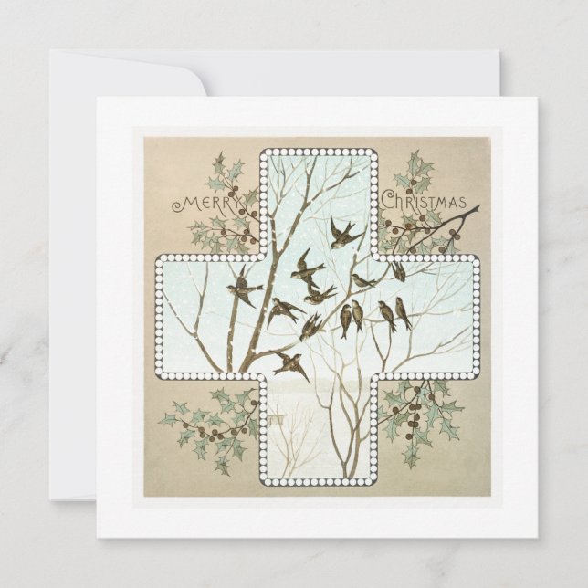 Personalized Christmas Depicting Birds Vintage Holiday Card (Front)