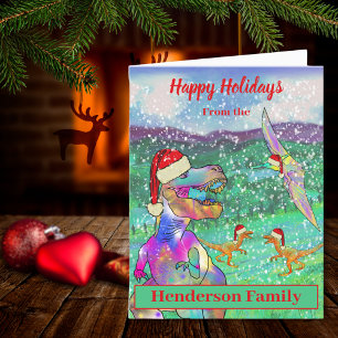 Personalized Christmas Dinosaur T-Rex Santa Holiday Card