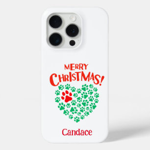 Personalized Christmas Dog Paw Heart Red & Green iPhone 15 Pro Case