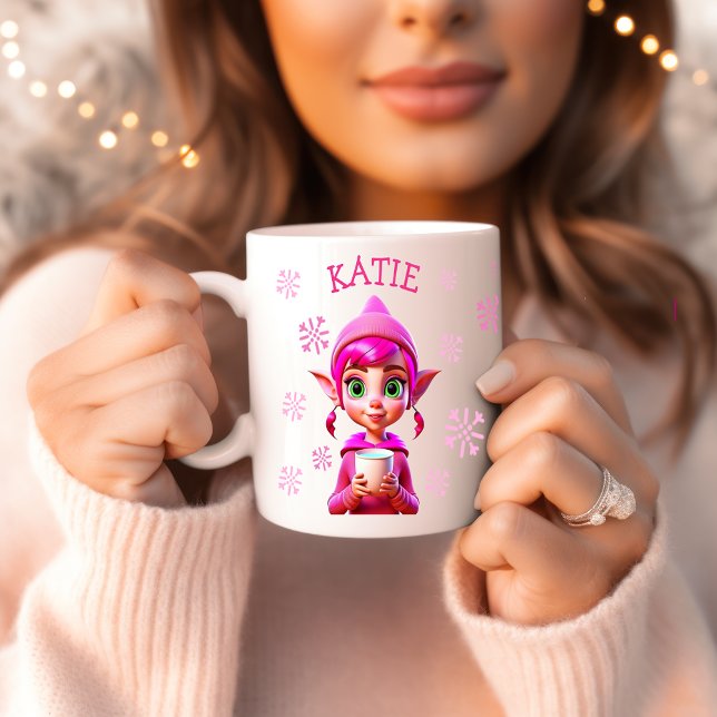 Personalized Christmas Elf Pink Snowflakes Holiday Coffee Mug (Creator Uploaded)