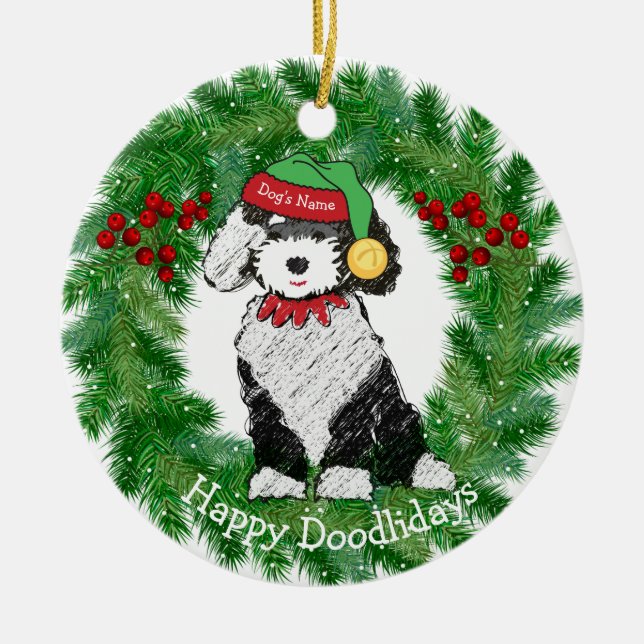 Personalized Christmas Elf Sheepadoodle Ceramic Ornament (Front)