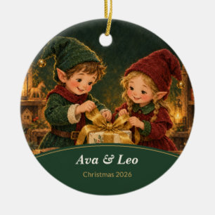 Personalized Christmas Elves Sibling Ceramic Ornament