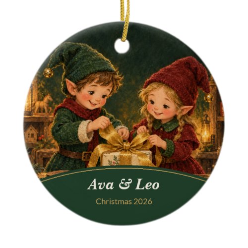 Personalized Christmas Elves Sibling Ceramic Ornament