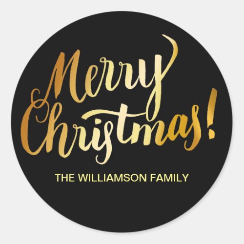 Personalized Christmas Envelope Seal Black  Gold Classic Round Sticker