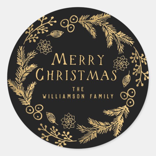 Personalized Christmas Envelope Seal, Black & Gold Classic Round