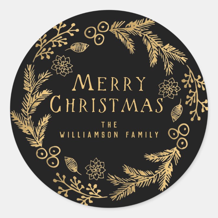 Personalized Christmas Envelope Seal, Black & Gold Classic Round