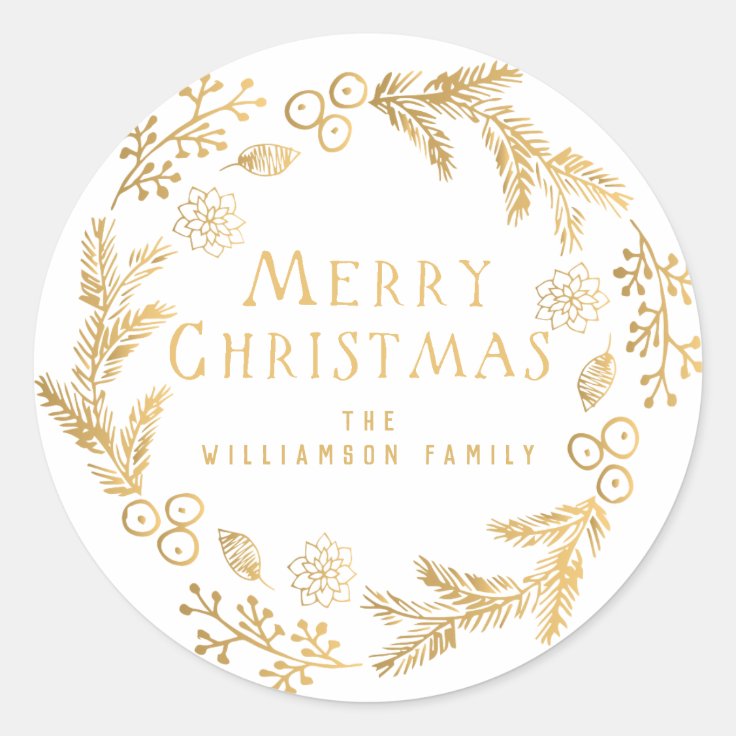 Personalized Christmas Envelope Seal, White & Gold Classic Round