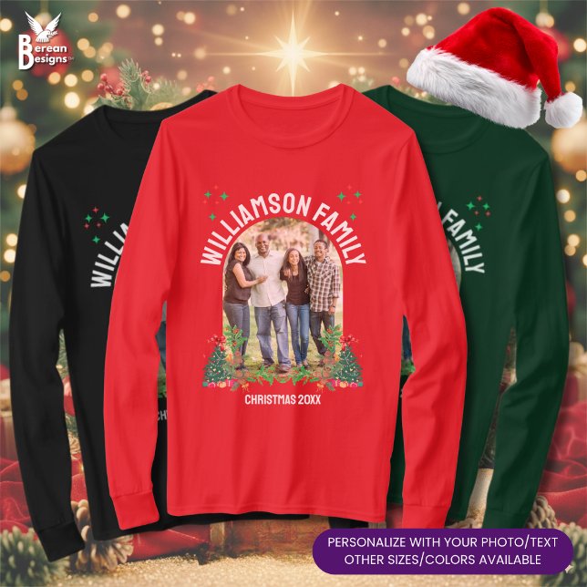 Personalized CHRISTMAS FAMILY Group Photo T-Shirt (Matching Family Christmas pajama shirts with customizable photo and text. Ideal for festive gifts)
