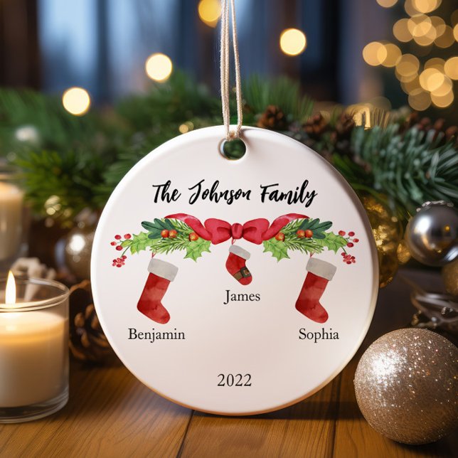 Personalized Christmas Family of 3 With Names 2023 Ceramic Ornament (Creator Uploaded)