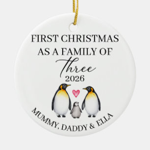 Personalized Christmas Family of Three Penguin Ceramic Ornament