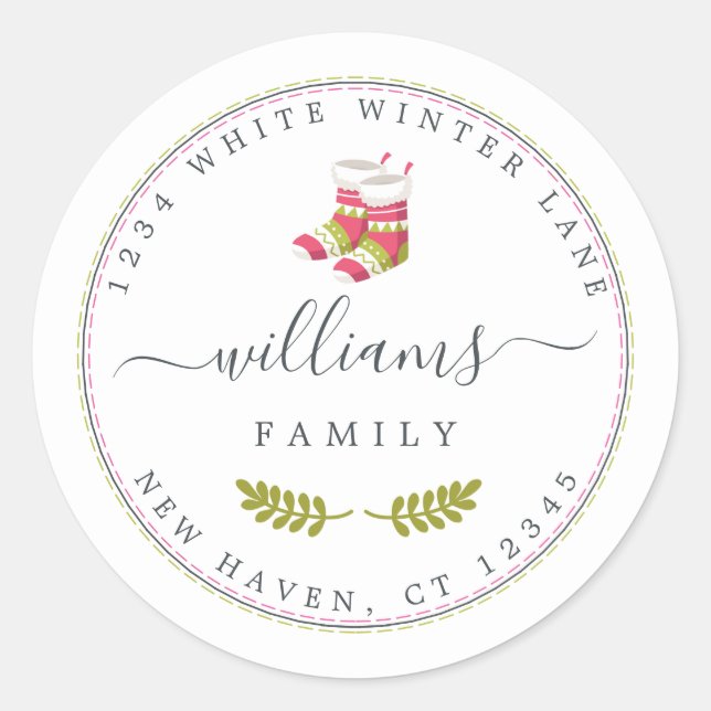 Personalized Christmas Family Return Address Classic Round Sticker (Front)