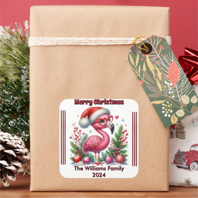 Personalized Christmas flamingo with festive flair Square Sticker (Holiday)
