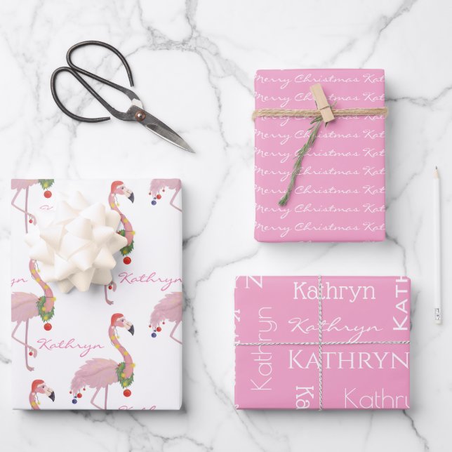 Personalized Christmas Flamingos Wrapping Paper Sheets (Front)