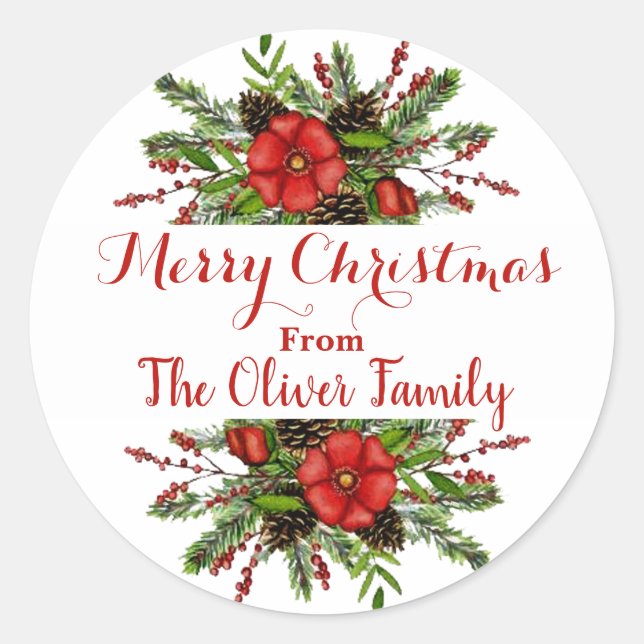 Personalized Christmas floral Classic Round Sticker (Front)