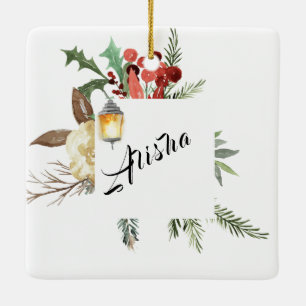 Personalized Christmas Florals with Street Lamp Ceramic Ornament