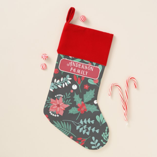 Personalized Christmas flower pattern family name Stocking (Front)