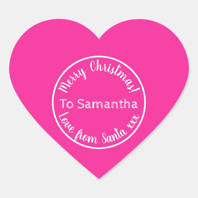 Personalized Christmas from Santa Hot Pink Heart Sticker (Front)