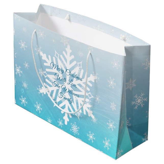 Personalized Christmas Gift Bags, blue Snowflakes Large Gift Bag (Back Angled)