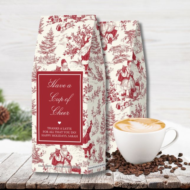 Personalized Christmas Gift for Employee Red Santa Roasted Coffee (Red Toile Santa Coffee Bags)