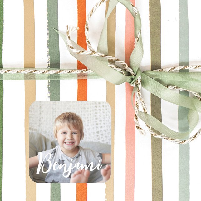 Personalized Christmas Gift Photo Name Identifier Square Sticker (Creator Uploaded)