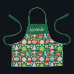 Personalized Christmas Gifts All-Over Print Apron<br><div class="desc">A stylish and modern Christmas kid's apron pattern with retro-inspired geometric illustrations of ornaments, stockings, candy canes, gifts, Christmas trees, snowflakes, bells and more. This can be personalized with a child's name, monogram or your own message. A fun & unique Christmas gift for kids. Colors include; green, red, white, blue...</div>